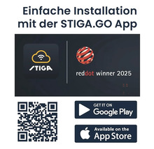 STIGA.GO App zur einfachen Installation mit QR Code, Google Play Logo und App Store Logo