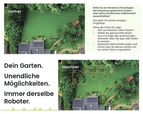 Vorher Nachher Ansicht eines Gartens mit Haus, Bäumen und Rasenflächen mit einem Mähroboter