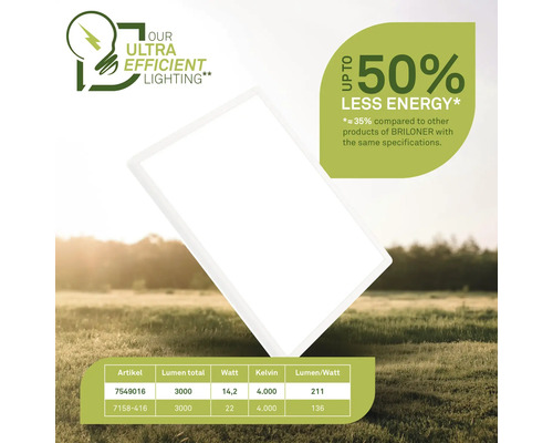 Briloner Lampe mit dem Hinweis auf bis zu 50 Prozent weniger Energieverbrauch und Tabelle mit technischen Daten