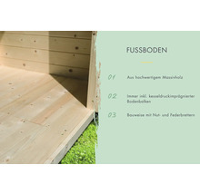 Detailansicht eines Gartenhauses mit Holzboden aus massivem Holz