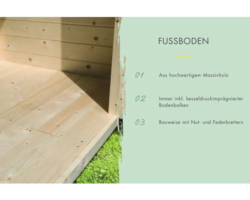 Detailansicht eines Gartenhauses mit Holzboden aus massivem Holz