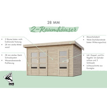 Gartenhaus mit zwei Räumen, 28 Millimeter Wandstärke und Massivholzdach