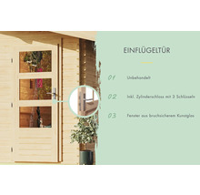 Einflügeltür aus unbehandeltem Holz mit drei Fenstern aus bruchsicherem Kunstglas und Zylinderschloss mit drei Schlüsseln.