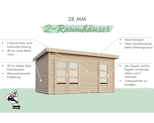 28 Millimeter Gartenhaus mit zwei Räumen, Massivholzdach, Doppeltür, Einflügeltür und Zylinderschloss