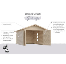 Blockbohlen Garage mit Massivholzdach und einflügeliger Tür aus Kunstglas