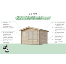 Blockbohlenhaus mit Satteldach, Doppelflügeltür, Fenster und 38 mm starken Blockbohlen