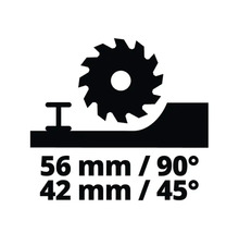 Schnitttiefe 56 Millimeter bei 90 Grad und 42 Millimeter bei 45 Grad