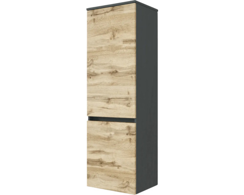 Bad-Hochschrank mit zwei Türen, Korpus in Anthrazit und Fronten in Eichenoptik, griffloses Design.