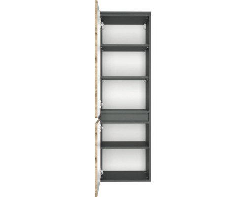 Offener Badezimmer-Hochschrank mit mehreren Fächern, dunkelgrauem Korpus und Tür in Holzoptik.