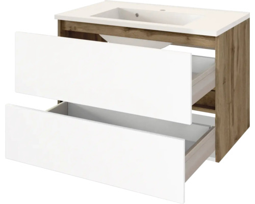 Waschtischunterschrank mit zwei weißen Schubladen und integriertem Waschbecken, Korpus in Eiche-Optik.