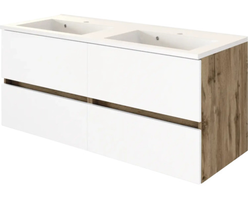 Doppelwaschtisch mit Unterschrank, weiße Fronten, Seitenwände in Holzoptik, vier Schubladen, modernes Badezimmermöbel.