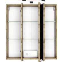 Geöffneter dreitüriger Spiegelschrank für das Bad in Holzoptik mit Glaseinlegeböden, Beleuchtung und interner Steckdose mit Schalter.
