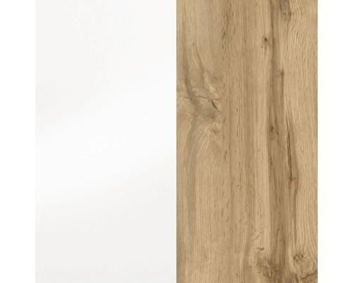 Möbeloberfläche mit einer Kombination aus einer weißen Fläche und einer Fläche in Eiche-Holzoptik mit Maserung.