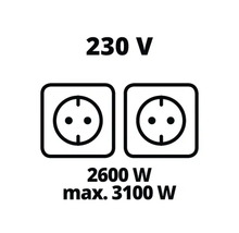Symbol für 230 Volt Spannung, 2600 Watt Leistung und maximal 3100 Watt Leistung