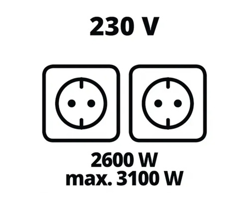 Symbol für 230 Volt Spannung, 2600 Watt Leistung und maximal 3100 Watt Leistung