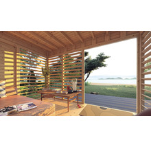 Helles Holzhaus mit Terrasse, Möbeln und Blick in die Natur