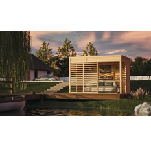 Holz Gartenhaus mit horizontalen Lamellen auf einer Holzplattform am See