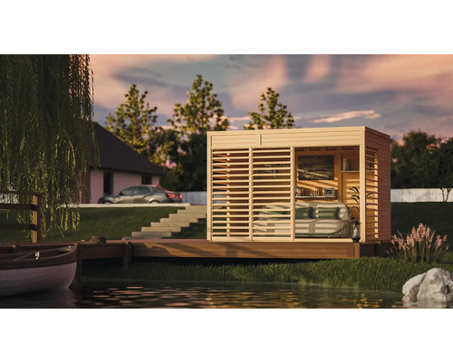 Holz Gartenhaus mit horizontalen Lamellen auf einer Holzplattform am See