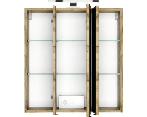 Offener Spiegelschrank für das Badezimmer in Eichenoptik mit Glasböden, LED-Beleuchtung und integrierter Steckdose.