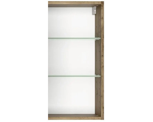 Innenansicht eines Holzschranks mit zwei Glaseinlegeböden und sichtbarer Wandbefestigung.