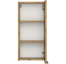 Offener Hängeschrank in Eiche-Optik mit zwei Regalböden und weißer Innenwand.