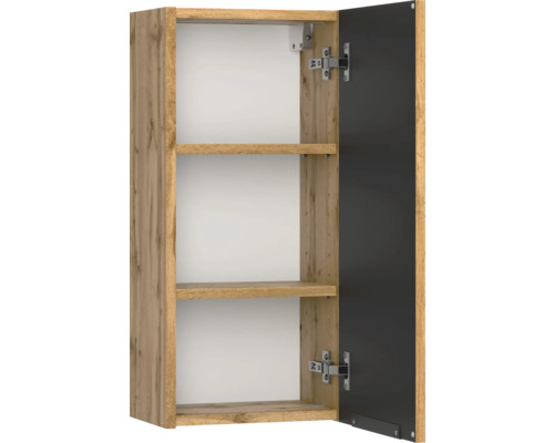 Wandschrank in Eichenoptik mit zwei Einlegeböden und geöffneter Tür in Dunkelgrau.