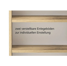Nahaufnahme eines Schranks in Holzoptik mit zwei verstellbaren Einlegeböden für eine individuelle Einteilung.