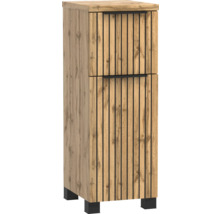 Badezimmer-Seitenschrank in Eichenoptik mit schwarzen vertikalen Lamellen, zwei Türen und schwarzen Griffen.