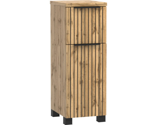 Badezimmer-Seitenschrank in Eichenoptik mit schwarzen vertikalen Lamellen, zwei Türen und schwarzen Griffen.