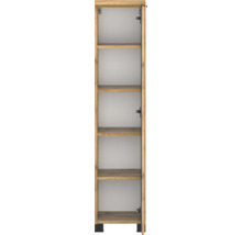 Hochschrank in Eiche-Optik mit fünf Fächern und schwarzen Standfüßen für das Badezimmer.
