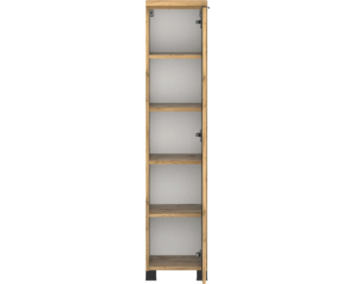 Hochschrank in Eiche-Optik mit fünf Fächern und schwarzen Standfüßen für das Badezimmer.