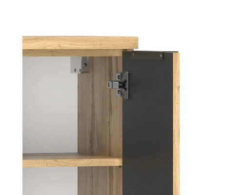 Detailansicht eines Schrankscharniers an einer schwarzen Tür und einem Korpus in Holzoptik.