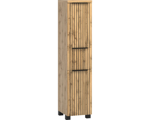 Hochschrank in Eiche-Optik mit schwarzen vertikalen Lamellen und drei Türen.