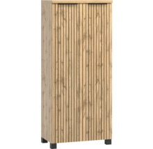 Zweitüriger Mehrzweckschrank in Eichenoptik mit schwarzem Lamellen-Design und schwarzen Griffen.