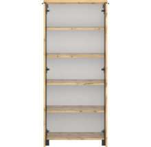 Offenes Regal in Holzoptik mit schwarzen Metallseiten und fünf Fachböden.