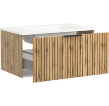 Hängender Waschbeckenunterschrank in Eichenoptik mit Lamellenfront, weißem Waschbecken und schwarzem Griff.