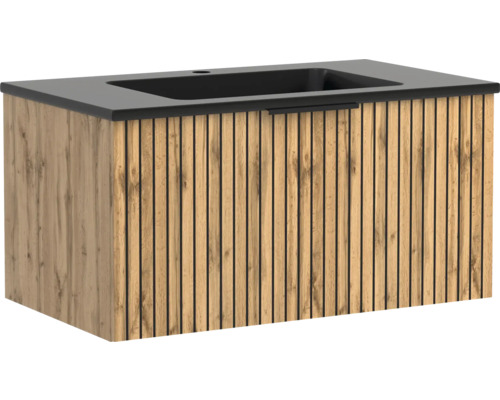 Waschtischunterschrank mit schwarzem Waschbecken, Front in Eichenoptik mit Lamellen-Design.