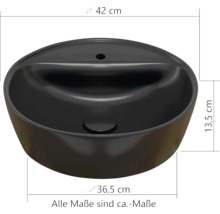 Rundes schwarzes Aufsatzwaschbecken mit Maßen: Durchmesser oben 42 cm, unten circa 36,5 cm, Höhe circa 13,5 cm. Alle Maße sind circa Maße.