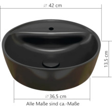 Schwarzes rundes Aufsatzwaschbecken: Durchmesser oben 42 Zentimeter, unten 36,5 Zentimeter, Höhe 13,5 Zentimeter. Alle Maße sind circa-Maße.
