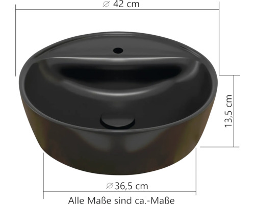 Schwarzes rundes Aufsatzwaschbecken: Durchmesser oben 42 Zentimeter, unten 36,5 Zentimeter, Höhe 13,5 Zentimeter. Alle Maße sind circa-Maße.