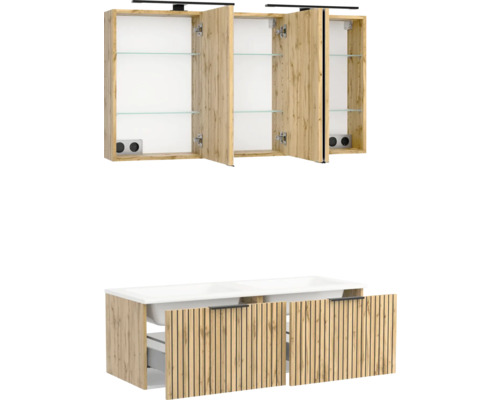 Badmöbel-Set bestehend aus Doppelwaschtisch, Unterschrank in Eichenoptik und offenem Spiegelschrank mit Glaseinlegeböden und Steckdosen.