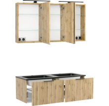 Badmöbel-Set in Eiche-Optik mit Doppelwaschtisch in Anthrazit und dreitürigem Spiegelschrank inklusive LED-Beleuchtung und Glaseinlegeböden.