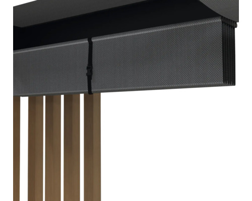 Graue textile Markise mit Holzlamellen