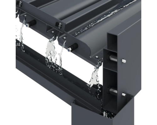 Detailansicht eines Metallpavillons mit Wasserablaufsystem.