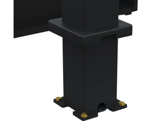 Detailansicht einer schwarzen Metallpfostenbasis mit Schrauben