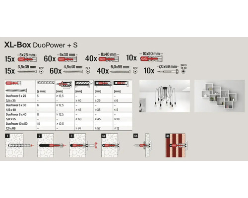 Fischer XL-Box DuoPower mit Dübeln und Schrauben verschiedener Größen, Anwendungsbeispiele für eine Lampe und ein Wandregal