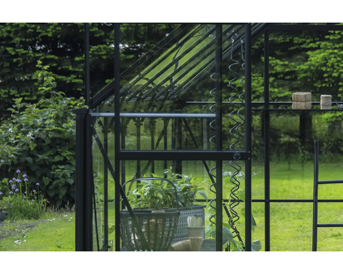 Detailansicht eines Gewächshauses mit Pflanzen und Gartenzubehör