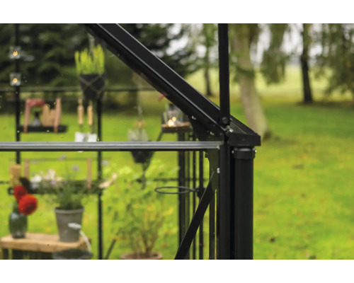 Detailansicht eines Gewächshauses mit Pflanzen und Gartengeräten