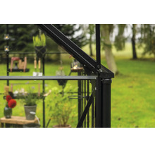 Detailansicht eines Gewächshauses mit Pflanzen und Gartengeräten