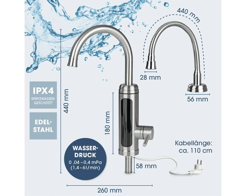 Edelstahl-Wasserhahn mit verschiedenen Maßangaben